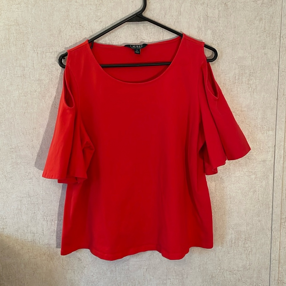 Ralph Lauren red cold shoulder pullover top with bell shaped sleeves size XL